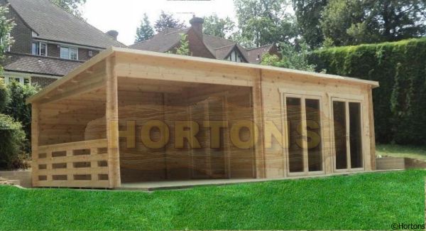 10.0 x 4.0m Pent roof 35mm Twinskin log cabin with barbecue area