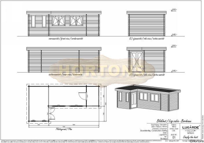 Lugarde Flat roof Log Cabin Bordeaux 7.0 x 3.5m