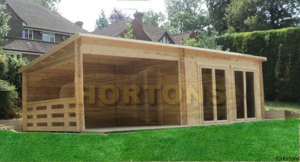 10.0 x 4.0m Pent roof 35mm Twinskin log cabin with barbecue area 10.0 x 4.0m Pent roof 35mm Twinskin log cabin with barbecue area
