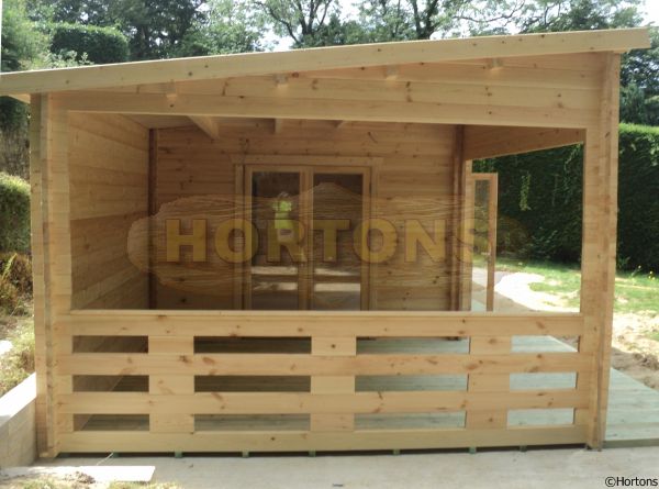 10.0 x 4.0m Pent roof 45mm Twinskin log cabin with barbecue area - Click Image to Close